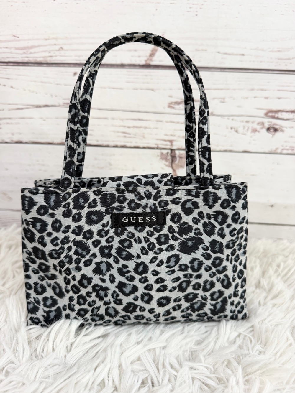 Vintage Y2K GUESS Grey & Black Leopard Print Mini Tote Bag Handbag